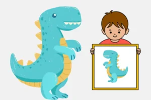 Animated kid introducing his favourite animal by holding picture in this hands.